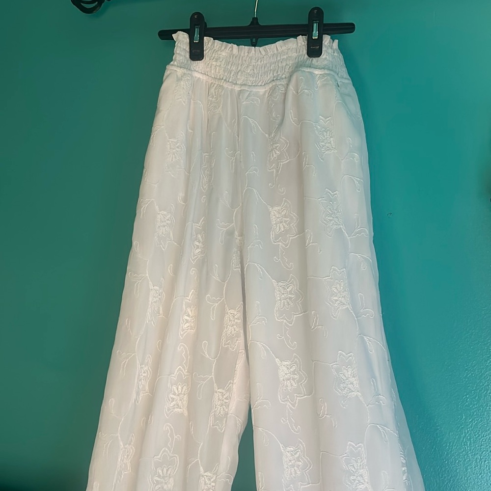Pure white pants Allegra palazzo floral embroidery
